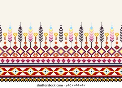 Patrón de píxeles étnico oriental tradicional. Diseño textil patrón de tela África, Azteca África América India sin costuras. Patrón de arte de píxel floral en Ilustración vectorial de fondo azul marino