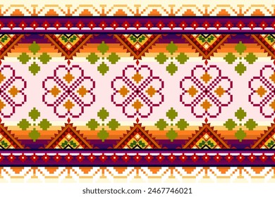 Patrón de píxeles étnico oriental tradicional. Diseño textil patrón de tela África, Azteca África América India sin costuras. Patrón de arte de píxel floral en Ilustración vectorial de fondo azul marino