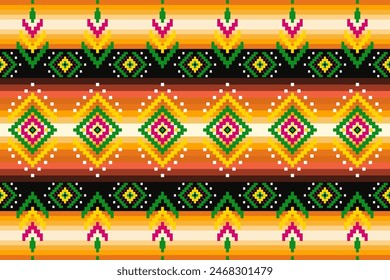 Pixel-Muster ethnisch orientalisch. Design Stoffmuster Textil Afrikanisch, Aztekisch Afrikanisch Amerika Indisch nahtlos. Blumenpixelkunstmuster auf marineblauem Hintergrund Vektorillustration