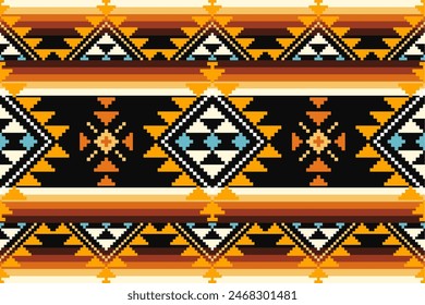 Pixel pattern ethnic oriental traditional. Design fabric pattern textile African, Aztec African America Indian seamless. Floral pixel art pattern on navy background  vector illustration