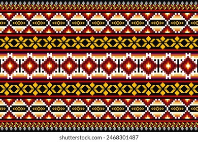Patrón de píxeles étnico oriental tradicional. Diseño textil patrón de tela África, Azteca África América India sin costuras. Patrón de arte de píxel floral en Ilustración vectorial de fondo azul marino