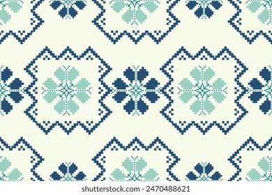 Pixel pattern ethnic oriental traditional. Design fabric pattern textile African, Aztec African America Indian seamless. Floral pixel art pattern on navy background  vector illustration