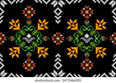 Pixel pattern ethnic oriental traditional. Design fabric pattern textile African, Aztec African America Indian seamless. Floral pixel art pattern on navy background  vector illustration Navajo