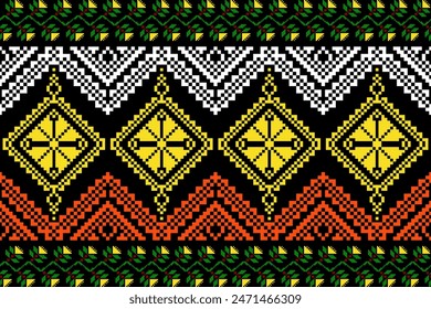 Pixel pattern ethnic oriental traditional. Design fabric pattern textile African, Aztec African America Indian seamless. Floral pixel art pattern on navy background  vector illustration Navajo