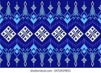 Patrón de píxeles étnico oriental tradicional. Diseño textil patrón de tela África, Azteca África América India sin costuras. Patrón de arte de píxel floral en Ilustración vectorial de fondo azul marino