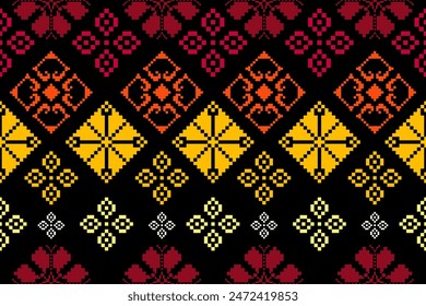 Pixel pattern ethnic oriental traditional. Design fabric pattern textile African, Aztec African America Indian seamless. Floral pixel art pattern on navy background  vector illustration