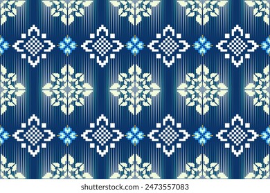 Patrón de píxeles étnico oriental tradicional. Diseño textil patrón de tela África, Azteca África América India sin costuras. Patrón de arte de píxel floral en Ilustración vectorial de fondo azul marino