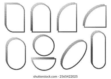 Pixel pattern frames. Bitmap arch windows on white background. Noisy arcade game gradient arc. Dotted dither vector graphic elements. Geometric halftone abstract border.