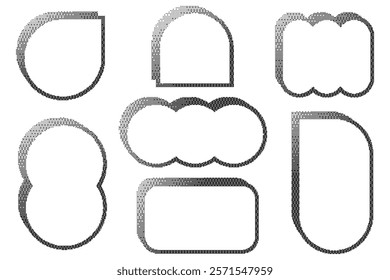 Pixel pattern frames. Bitmap arch windows on white background. Dotted dither vector graphic elements. Noisy arcade game gradient arc. Geometric halftone abstract border.