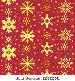 Pixel pattern with gold snowflakes on red background.
 Abstract vector texture. Pixel pattern for wallpaper, web sites,wrapping paper,for fashion prints, fabric, design.