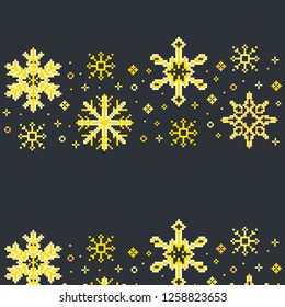Pixel pattern with gold snowflakes on black background.
 Abstract vector texture. Pixel pattern for wallpaper, web sites,wrapping paper,for fashion prints, fabric, design.