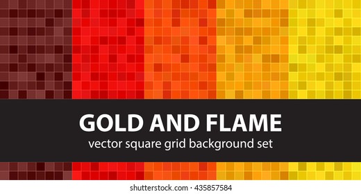 Pixel pattern set "Gold and Flame". Vector seamless pixel art backgrounds