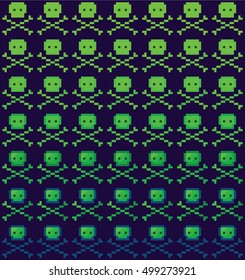 Pixel pattern with skulls and bones. Illustration with old computer style. Geek background for Halloween.