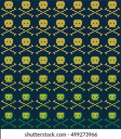 Pixel pattern with skulls and bones. Illustration with old computer style. Geek background for Halloween.