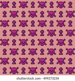 Pixel pattern with skulls and tombstones. Illustration with old computer style. Geek background for Halloween.