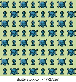 Pixel pattern with skulls and tombstones. Illustration with old computer style. Geek background for Halloween.