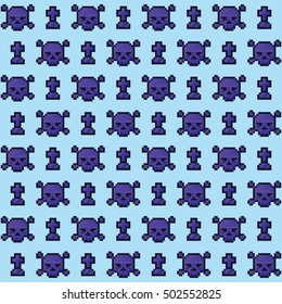 Pixel pattern with skulls and tombstones. Illustration with old computer style. Geek background for Halloween.
