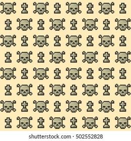 Pixel pattern with skulls and tombstones. Illustration with old computer style. Geek background for Halloween.