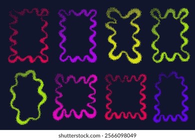 Pixel pattern texture wavy frame. Bitmap dotted retro abstract Y2K border. Neon grainy glitch shapes. Vector dither squiggle geometric elements