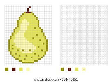 Pixel pear in the coloring page with numbered squares, vector illustration