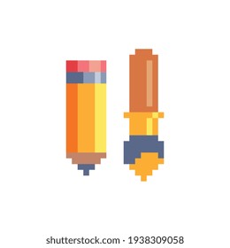 Pixel pencil and brush icons. 8-bit sprites. Isolated vector illustration.  Old school computer graphic style.