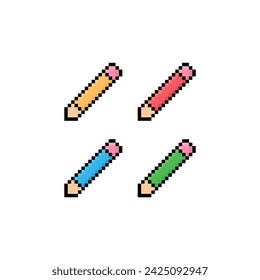 pixel pencil icon.  Vector pixel art pencil 8 bit logo for game