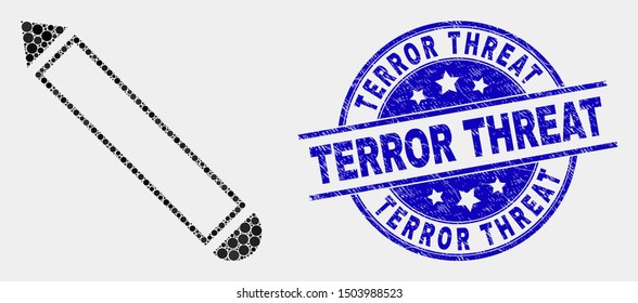 Pixel pencil mosaic pictogram and Terror Threat seal. Blue vector rounded scratched stamp with Terror Threat message. Vector collage in flat style. Black isolated pencil mosaic of randomized dots,