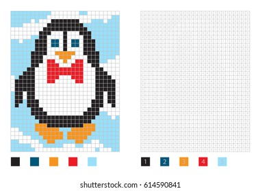 Pixel penguin cartoon in the coloring page with numbered squares, vector illustration