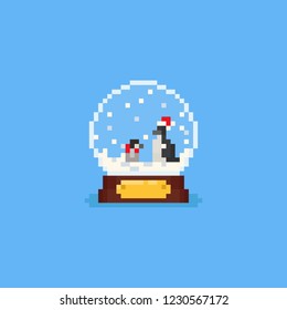 Pixel penguins inside the snow globe.Christmas.8bit.