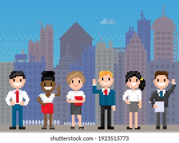 Pixel people for old game layout stand against background of cityscape with skyscraper silhouettes. Pixelated multinational population of city happily spending time outdoors. Modern town architecture