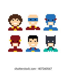 personas de píxeles superhéroe avatar conjunto ilustración de arte vectorial