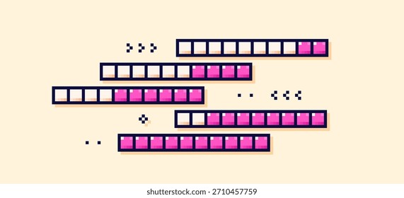 Pixel percentage scale. Five magenta loading process bars.
