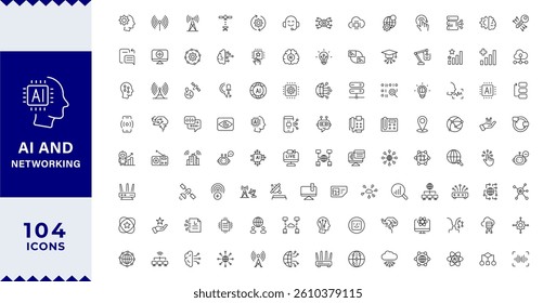 Pixel Perfect  Artificial intelligenceset of web icons in line style. Machine learning, digital AI technology, igital AI technology, algorithm, smart robotic, cloud computing, AI Assistant.