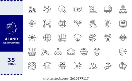 Pixel Perfect  Artificial intelligenceset of web icons in line style. Machine learning, digital AI technology, igital AI technology, algorithm, smart robotic, cloud computing, AI Assistant.