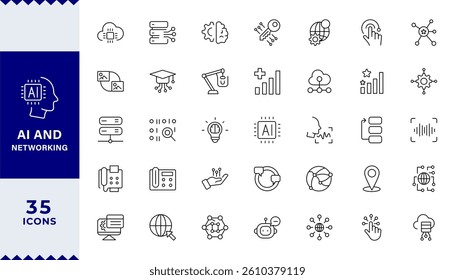  Pixel Perfect  Artificial intelligenceset of web icons in line style. Machine learning, digital AI technology, igital AI technology, algorithm, smart robotic, cloud computing, AI Assistant.