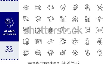  Pixel Perfect  Artificial intelligenceset of web icons in line style. Machine learning, digital AI technology, igital AI technology, algorithm, smart robotic, cloud computing, AI Assistant.