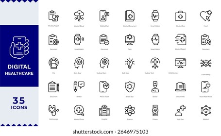 Pixel Perfect , Grande conjunto de ícones de linha de assistência médica digital. Diagnóstico, tecnologia, aplicativo etc. Saúde digital e telemedicina ícones de linha da web. traço editável. ilustração vetorial.  