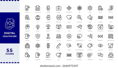 Pixel Perfect , Grande conjunto de ícones de linha de assistência médica digital. Diagnóstico, tecnologia, aplicativo etc. Saúde digital e telemedicina ícones de linha da web. traço editável. ilustração vetorial.  