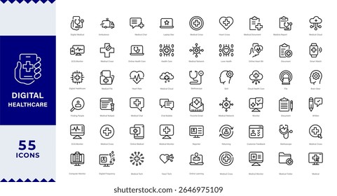 Pixel Perfect , Grande conjunto de ícones de linha de assistência médica digital. Diagnóstico, tecnologia, aplicativo etc. Saúde digital e telemedicina ícones de linha da web. traço editável. ilustração vetorial.  
