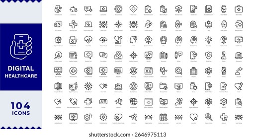 Pixel Perfect , Grande conjunto de ícones de linha de assistência médica digital. Diagnóstico, tecnologia, aplicativo etc. Saúde digital e telemedicina ícones de linha da web. traço editável. ilustração vetorial.  