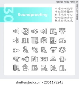 Colección de iconos de color negro perfecto para píxeles que representa la insonorización y la editable ilustración de línea delgada.
