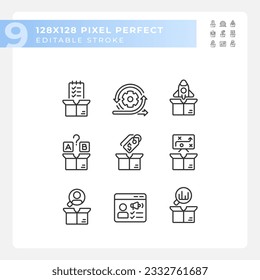 Pixel perfect black icons representing product management, editable thin line illustration set.