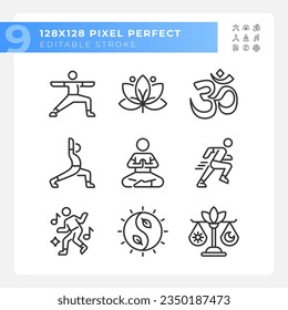 Iconos de color negro perfectos de Pixel que representan la meditación, conjunto de ilustraciones de bienestar de línea delgada editable.