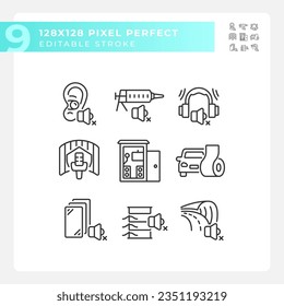 Pixel perfect black icons representing soundproofing, editable thin linear illustration set.