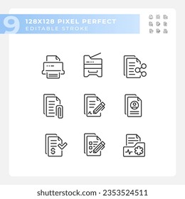 Pixel perfect black icons representing document, editable thin line illustration set.