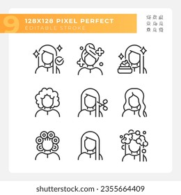 Pixel perfect black icons representing haircare, customizable thin linear illustration set.