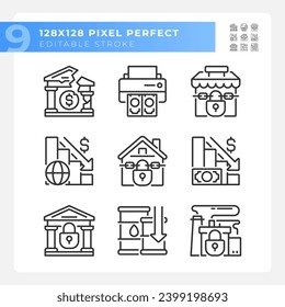 Iconos negros perfectos de píxeles que representan crisis económica, conjunto de ilustraciones de líneas delgadas editables.