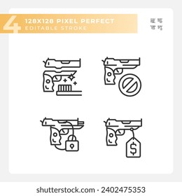 Pixel perfekte schwarze Symbole, die Waffen darstellen, bearbeitbare dünne Linie Illustration Set.