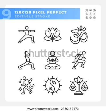 Pixel perfect black icons representing meditation, editable thin line wellness illustration set.