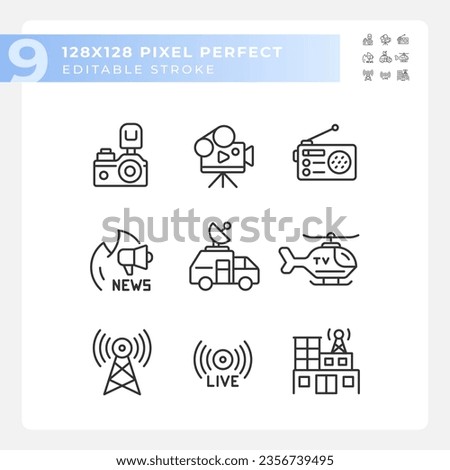 Pixel perfect black icons representing journalism, editable thin line illustration set.
